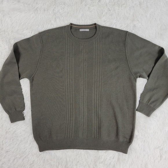 Marks Spencer Mens Crewneck Sweater Olive Green Textured Knit Long Sleeve Size L